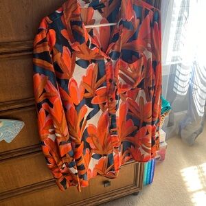 Who What Wear Orange & Navy Floral Blouse